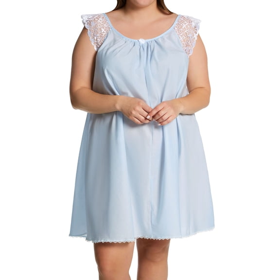 Women's Amanda Rich 106-80X Plus Short Sleeve with Lace Trim Cotton Gown (Light Blue XL)