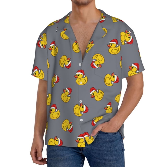Fotbe Christmas hat duck Camisa Estampada de Manga Corta para Hombre, Casual de Verano, Estilo Playero, Sin Arrugas-XX-Large