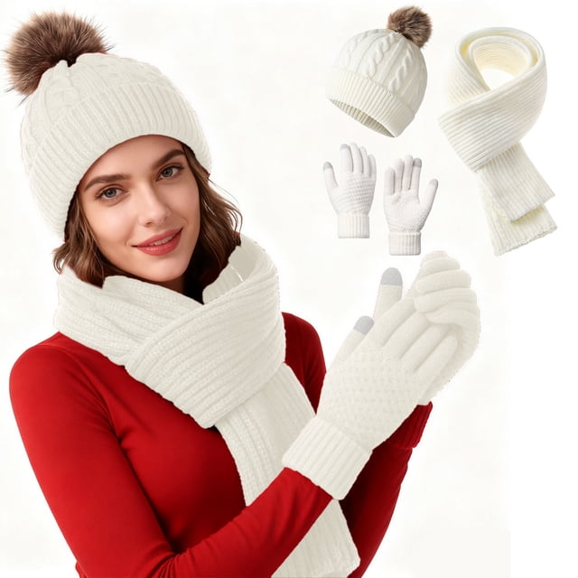 Solid Color Knitted Hat Three-piece Set For Winter Warm And Cold-proof Thick Outdoor Wool Hat Scarf Gloves Set