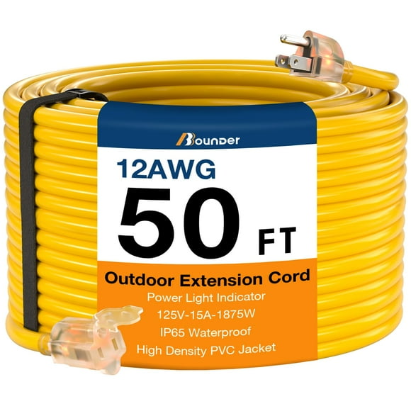BBOUNDER Outdoor Extension Cord 50 FT Waterproof, 12/3 SJTW Heavy Duty 15A 1875W, Flexible 100% Copper 3 Prong Cords for Commercial Use and High Power Appliance, Yellow