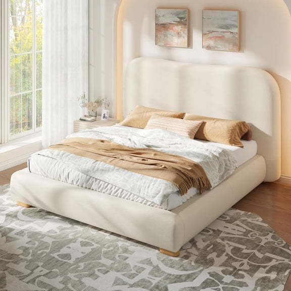 VanAcc Queen Size Cloud Bed Frame, 7.1" Thick Curved Headboard, Modern Upholstered Platform Bed, Easy Assembly, Chenille Cream