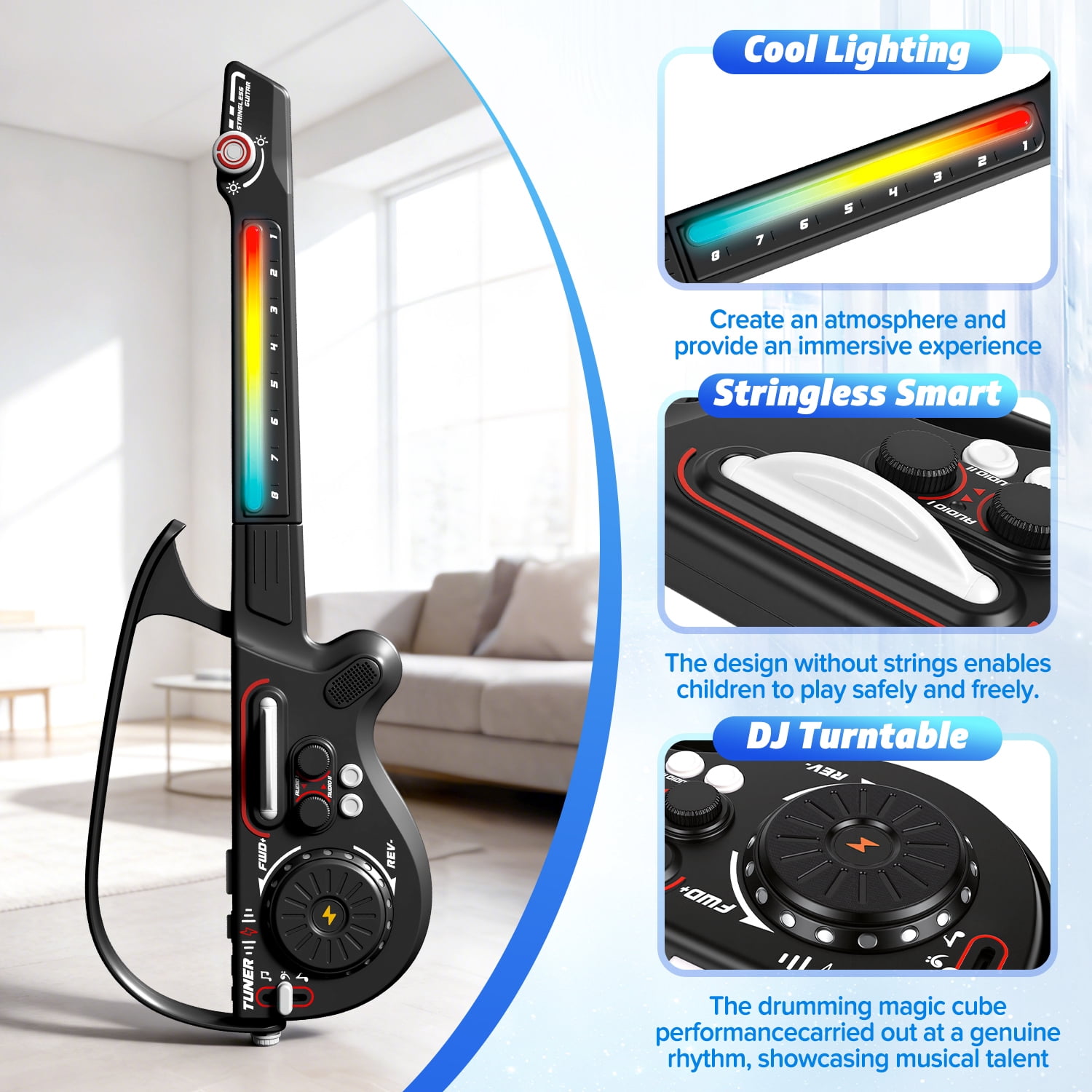 Freecat  Kids Toy Guitar for Toddlers Ages 3 4 5 6 Years, Cool Black Toy Guitar Set with DJ and Bluetooth and Multiple Musical Effects, Christmas and Birthday Gift for Boys Girls.