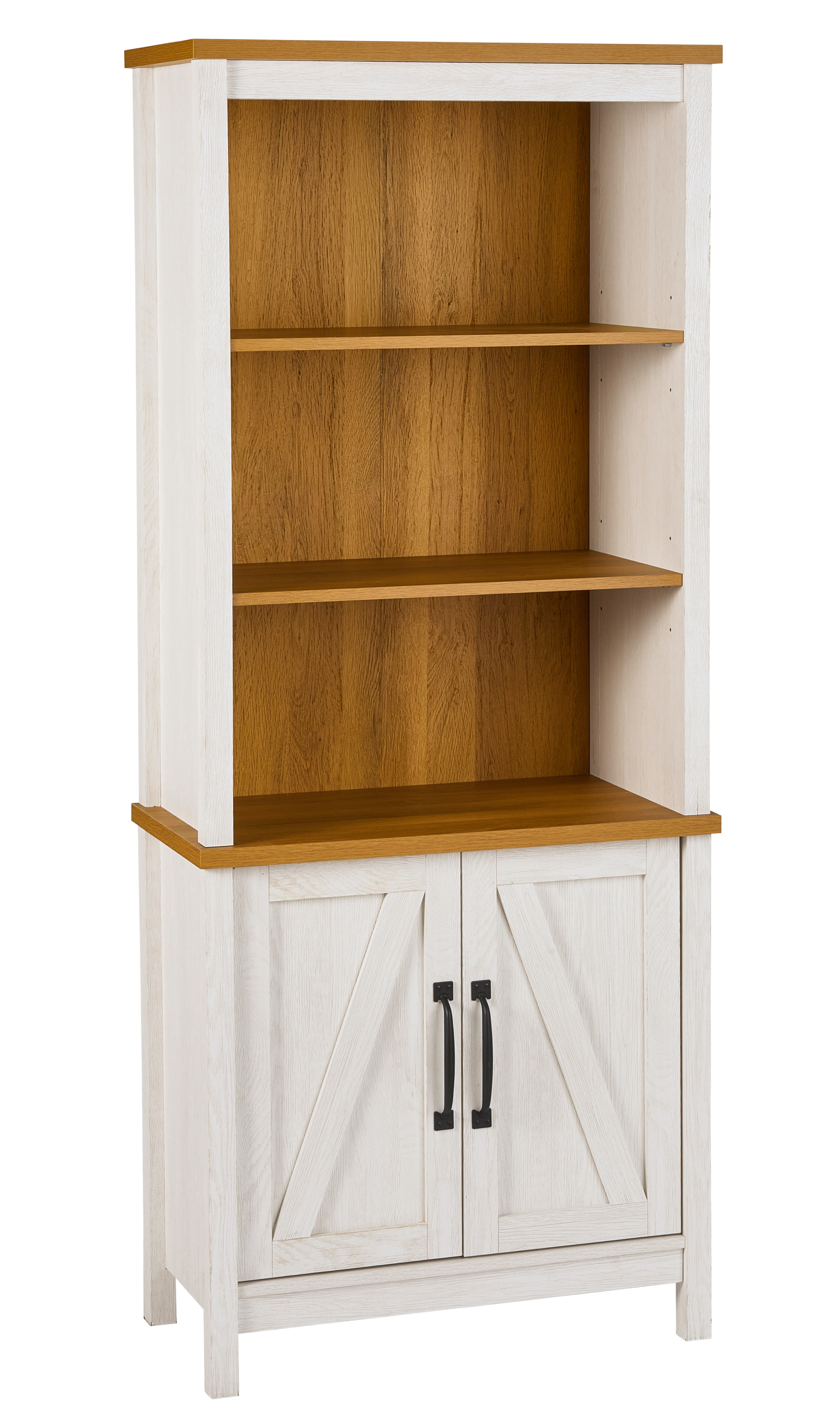 Better Homes & Gardens Modern Farmhouse Bookcase with Doors, Alabaster and Light Honey Finish