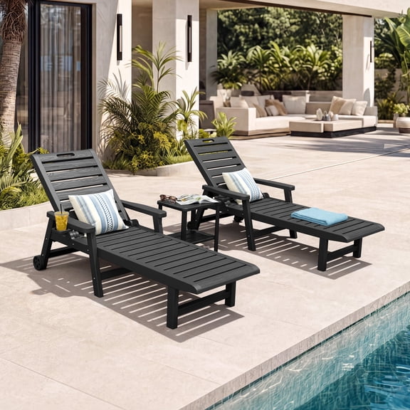 Patio Outdoor Chaise Lounge Chairs Set of 2 with Wheels & Cup Holder, Patio Pool Lounge Chairs with 5-Position Adjustable Backrest,Black