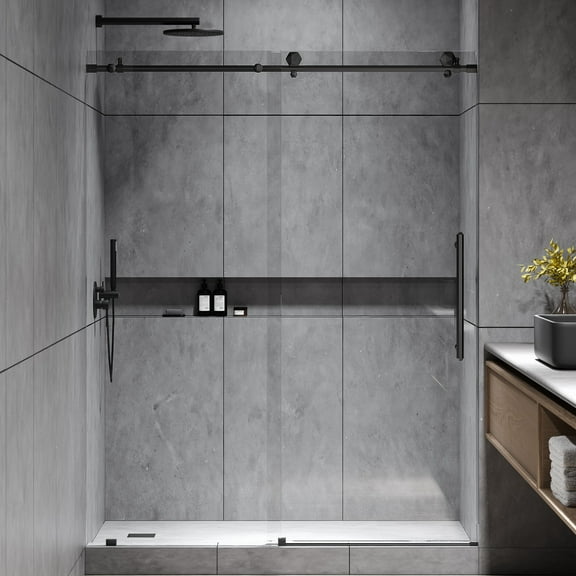 Seawin Diamond 56 - 60 x 76 inches Frameless Sliding Shower Door 3/8 in. (10 mm) Clear Tempered Glass with NanoShield Coating Matte Black