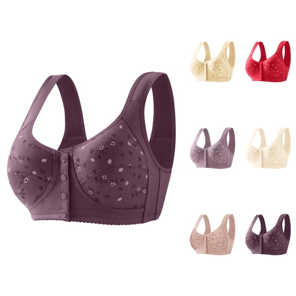 Front Closure Bras for Older Women Floral Print Wide Strap Soft Knitting Cotton Plus Size Wireless Bralettes Everyday Bra
