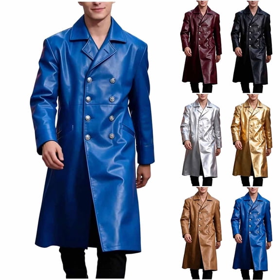 Faux Leather Trench Coat Men - Long Leather Jacket Double-Breasted officer Uniform Overcoat Slim Fit Notched Lapel Black Full Length Jacket Overcoat Size 5XL Blue