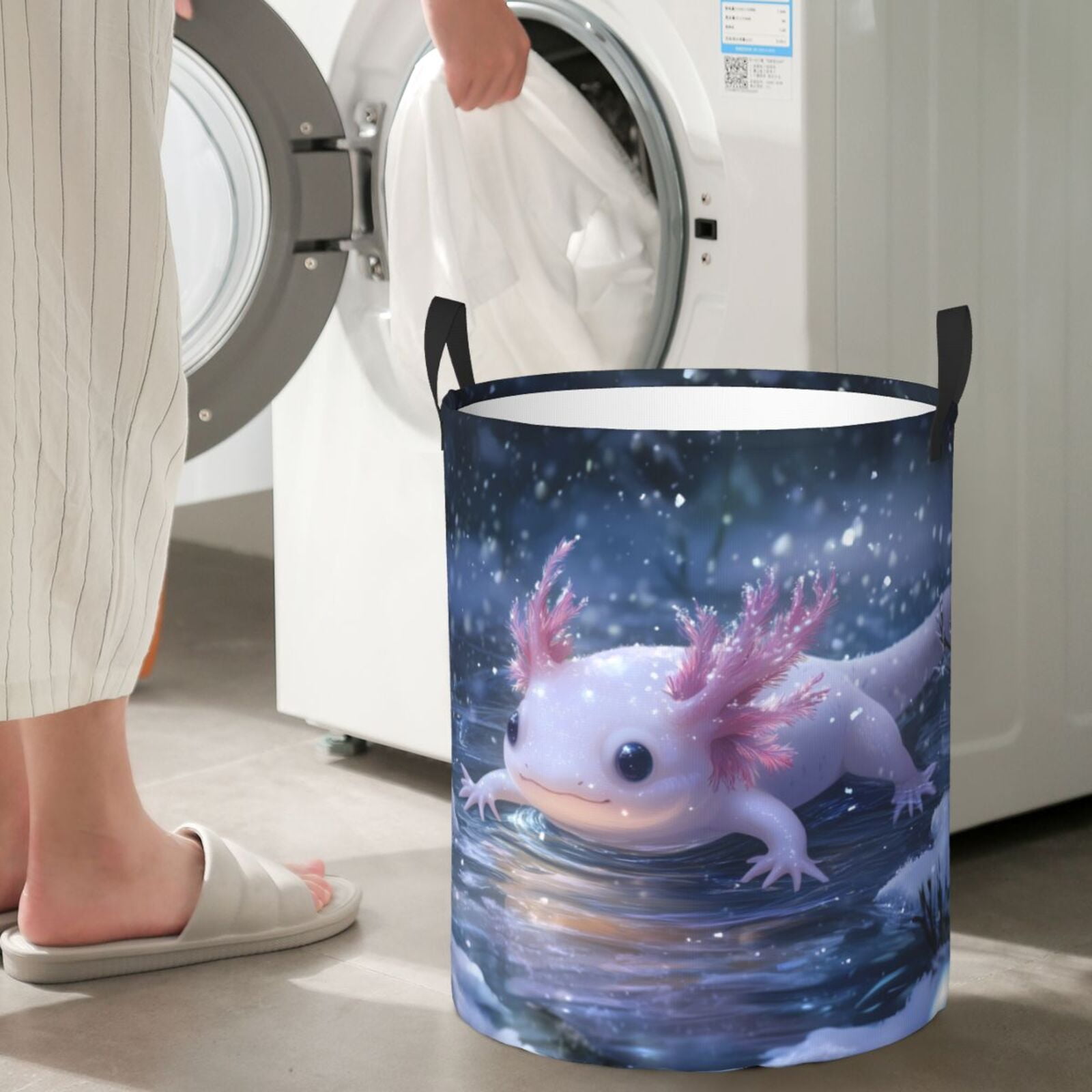 Large Laundry Basket with Handles - Winter Axolotl in Frozen Pond Kids Baby Dirty Clothes Laundry Hamper for Bedroom Aesthetic