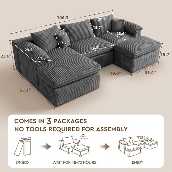 Garaneeds 106" U-Shaped Modular Boneless Sectional Sofa for Living Room, Cloud Couch with 2 Ottomans, 43" Deep Seats, Corduroy Fabric, 5-Piece, Grey