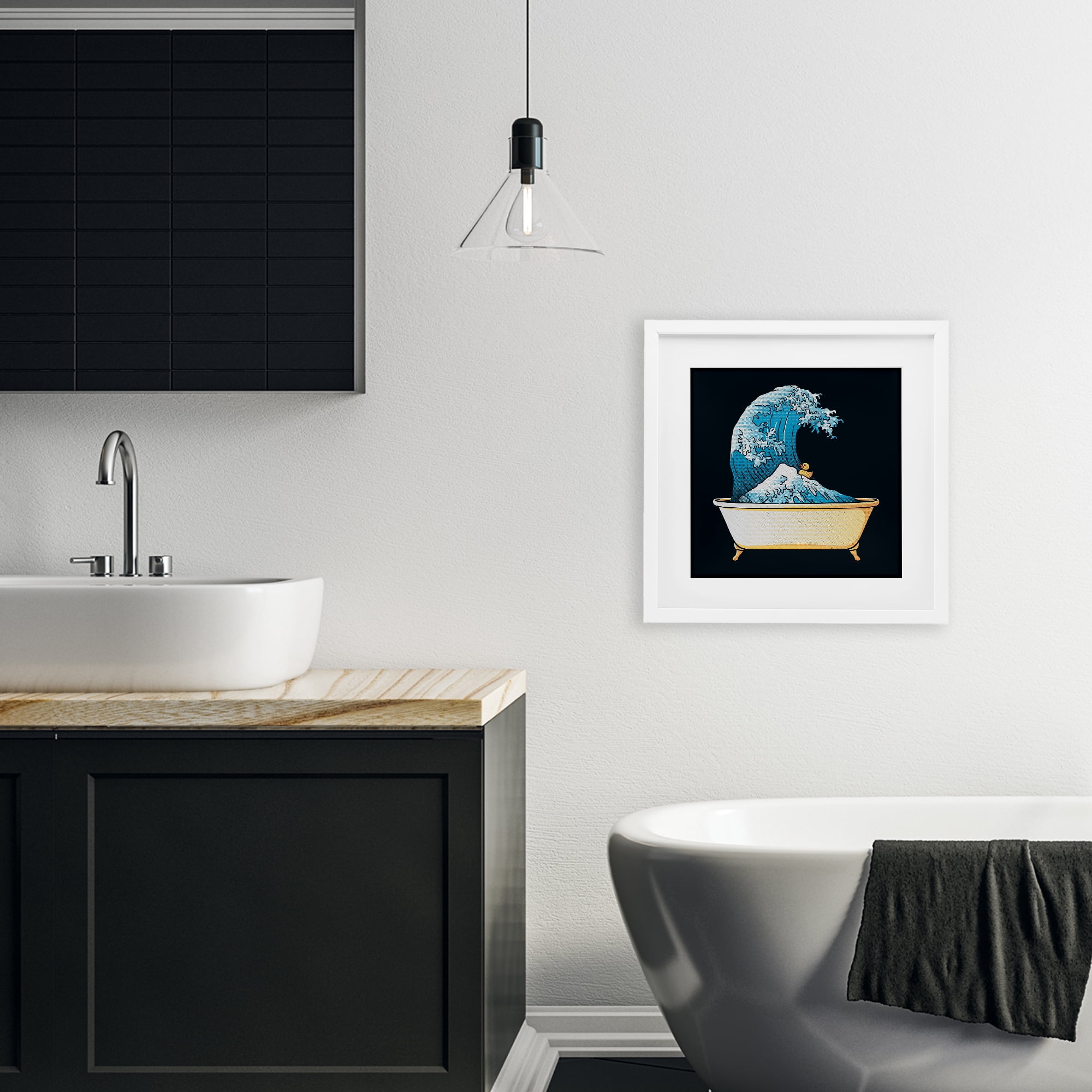 Stupell Industries Bathtub with Kanagawa Wave White Framed Print Under Glass, design by Tobe Fonseca