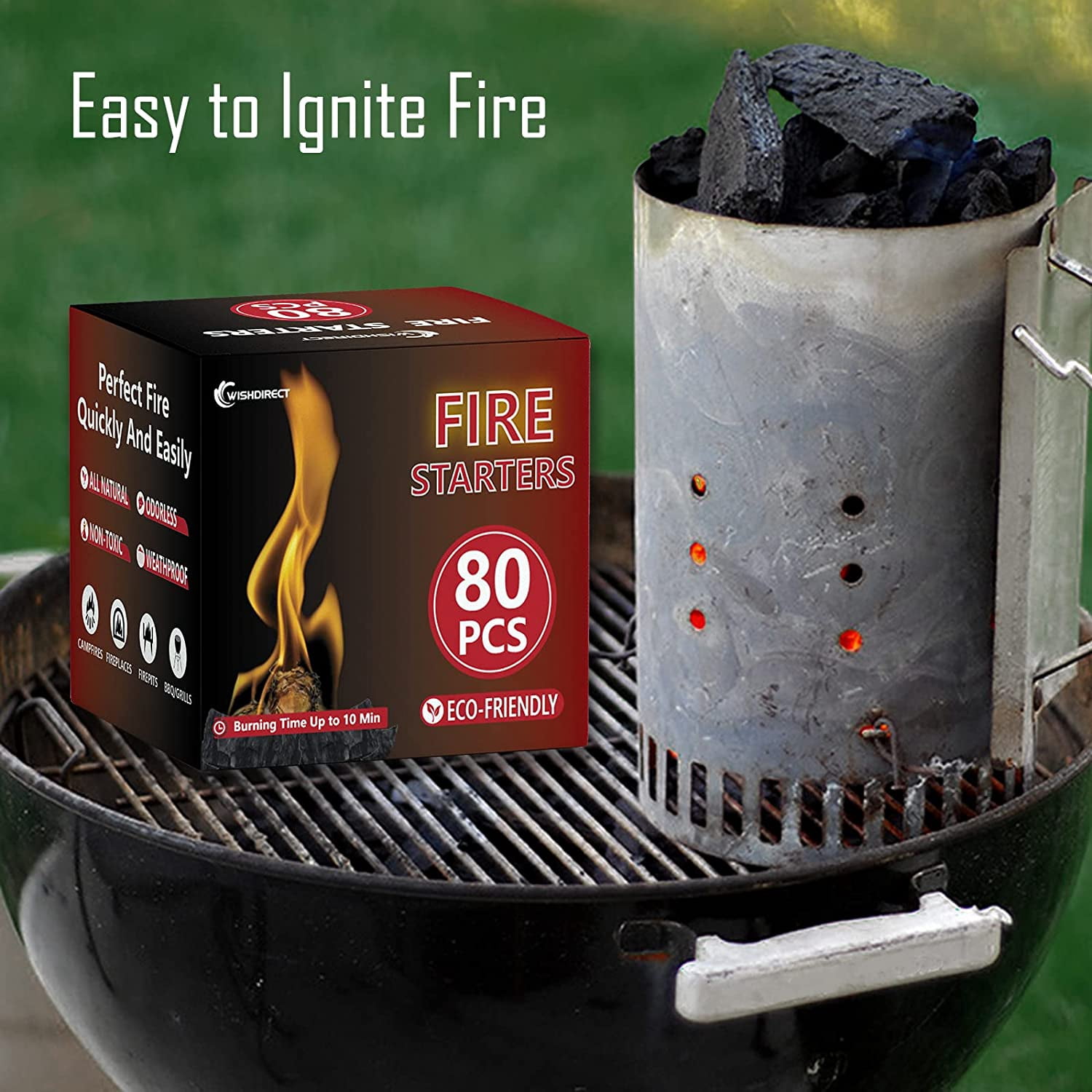 WishDirect Fire Starters for Campfires Fireplace (80 Pack) - Easy & Quick Charcoal Firestarter Fit for Kamado Joe Big Green Egg Wood Log Stick Briquette BBQ Barbeque Grill