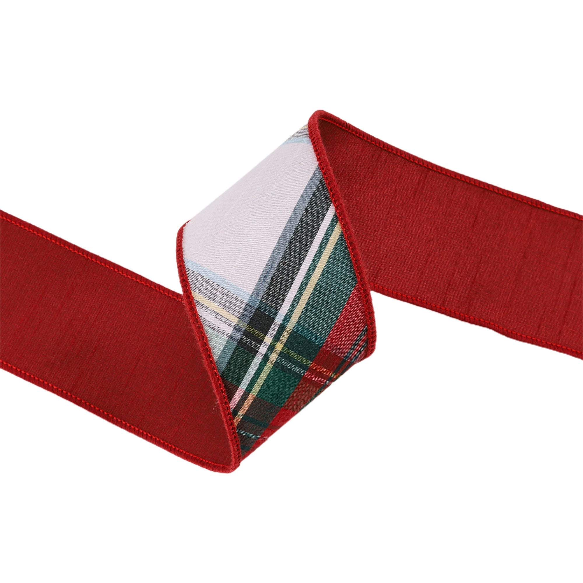 LaRibbons 2 1/2" Wired Dupioni Ribbon, Burgundy/Green/White Plaid Bias Cut, 5 Yard Roll