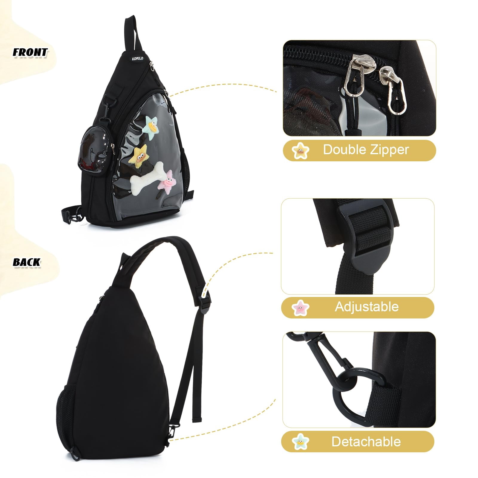 Cute Ita Bag for Men Women Kawaii Pin Display Backpack Fanny Pack Black Crossbody Hiking Day Pack