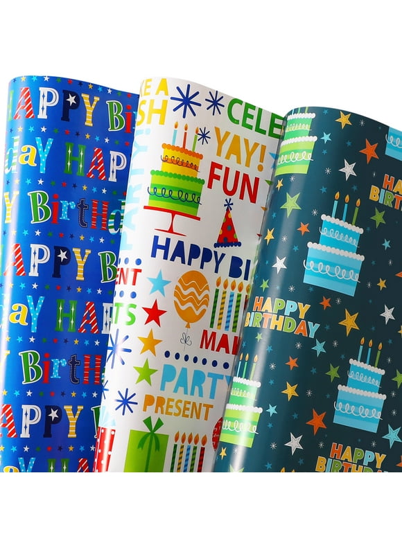 Birthday Wrapping Paper for Boys Girls Kids Men Women - 3 Style Happy Birthday Gift Wrap Paper for Birthday Baby Shower Party - 6 Large Sheets, 27x37 inch