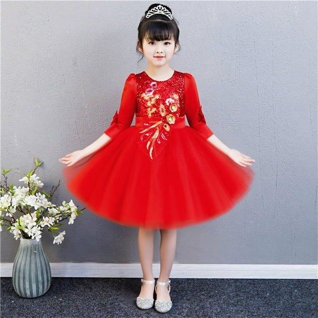 HOZADOIE Robe pour Filles, Costume de Performance à Texture de Broderie à Paillettes, Jupe Bouffante en Maille, Élégante, Couleur Unie, Manches Mi-Longues, Col Ras du Cou, Robe Formelle pour 3-15 Ans