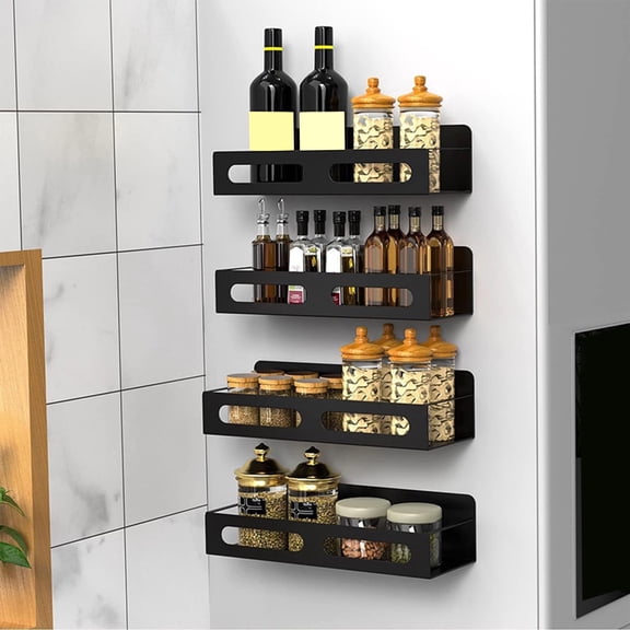 Black Magnetic Spice Rack Organizer for Refrigerator - 27x9.5x5cm Kitchen Storage Shelf with Strong Magnets, Space-Saving Fridge Organizer for Spices, Microwave & More