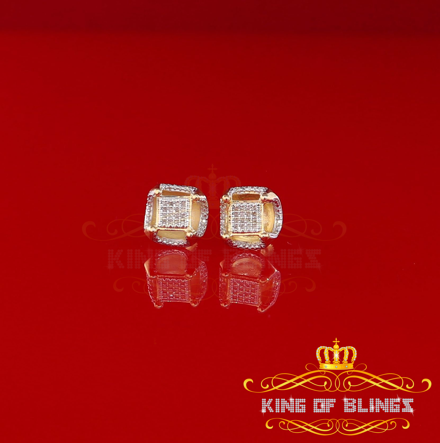 King of Bling's Women's 925 Yellow Sterling Silver 0.15ct Diamond Square Stud Men's Earrings