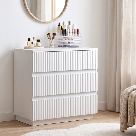 Oufan Fluted 3 Drawer Dresser, Dresser Nightstand for Bedroom, Modern Wood Chest of Drawers, Nightstand with 3 Drawers for Closet, Hallway, Entryway, White