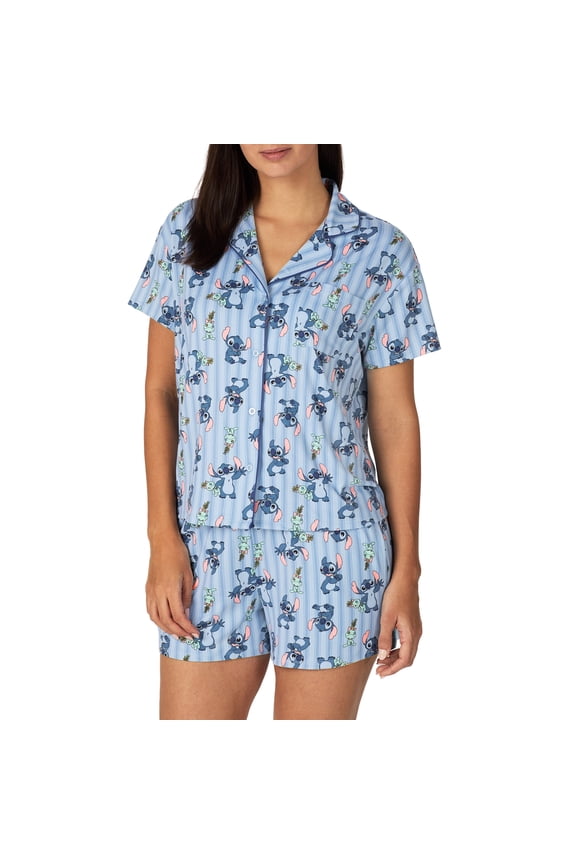 Richard Leeds International Womens Short Sleeve Button-Down Pajama Set Disney Lilo & Stitch, Medium, Blue Stitch