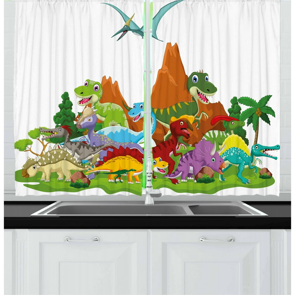 Dinosaur Curtains 2 Panels Set, Funny Friendly Dinosaurs in Cartoon
