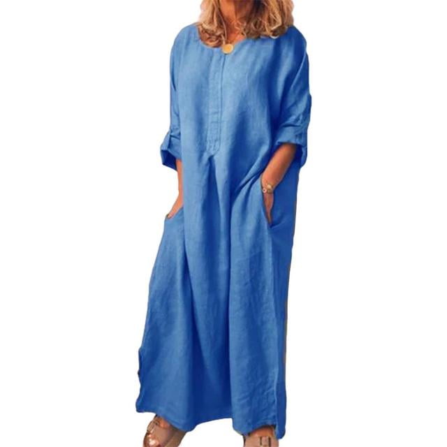 JUNWELL Robe Caftan à Col Rond Coton Lin Longue Chemise Robes Caftan pour Femmes Décontracté Femmes Couleur Unie Robe Maxi Oversize