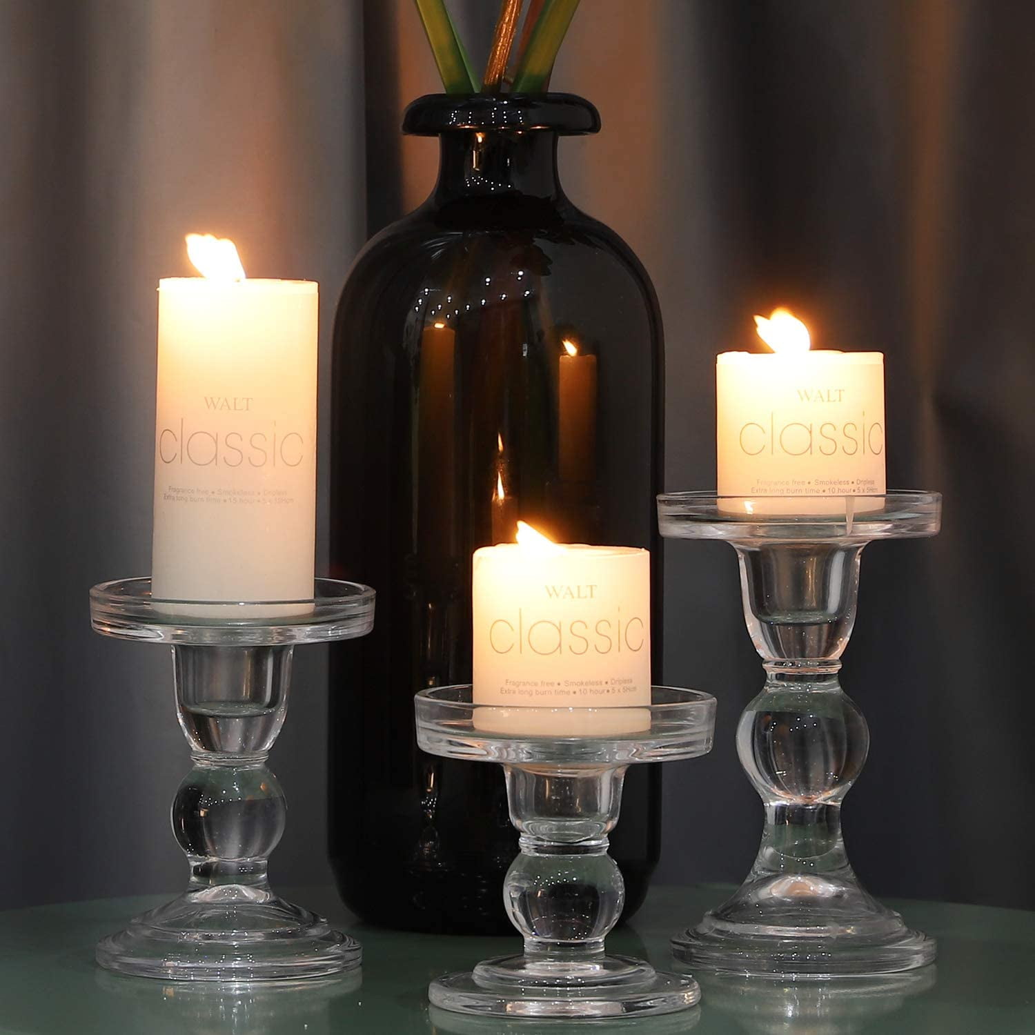 Glass Candle Holder Set of 3 Crystal Table Candlestick for 3