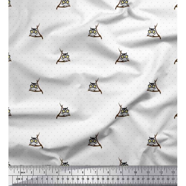 Soimoi Cotton Cambric Fabric Dot & Owl Bird Decor Fabric Printed Yard 42 Inch Wide