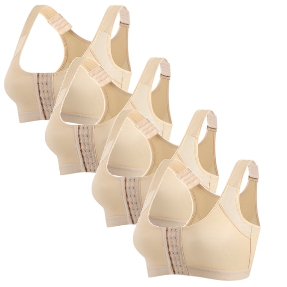 Xfvqtps 4PC Large Size Sports Bras for Women Back Mesh Cross Buckle Strap Front Multi Row Buckle No Underwire Breathable Yoga Bra Beige*4