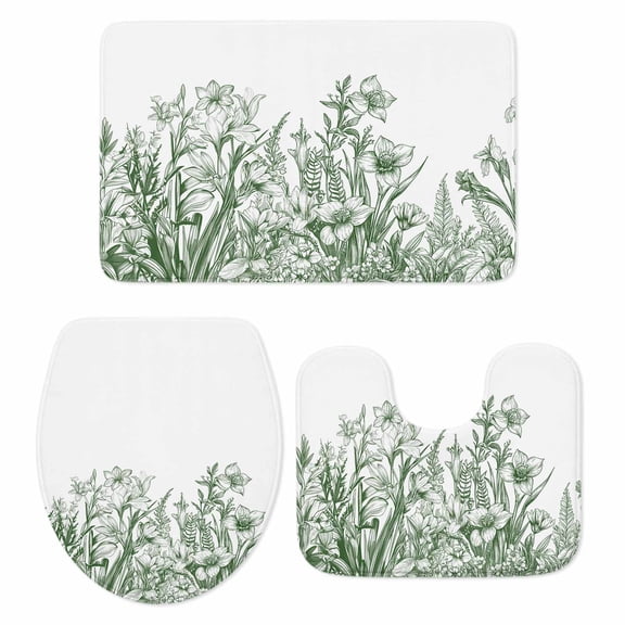 Wildflower Leaf Bath Mat 3 Piece Bathroom Rug Set, Green Floral Botanical White Watercolor Non Slip Bath Rug Contour Mat and Toilet Lid Cover, Absorbent Shower Mats Soft Bath Rugs and Mats Sets