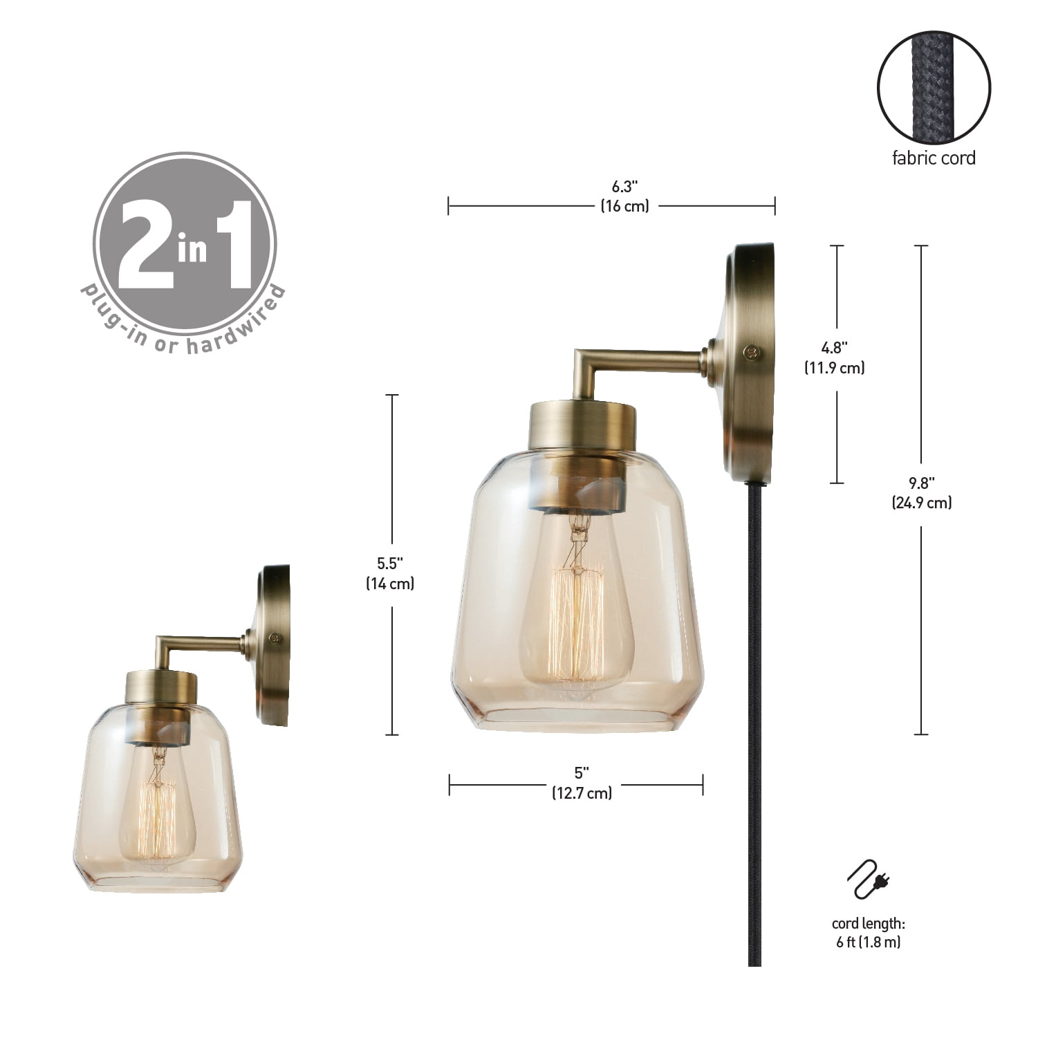 Globe Electric 1-Light Matte Brass Plug-in or Hardwire Indoor Wall Sconce, Smoked Amber Glass Shade