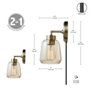 Globe Electric 1-Light Matte Brass Plug-in or Hardwire Indoor Wall Sconce, Smoked Amber Glass Shade
