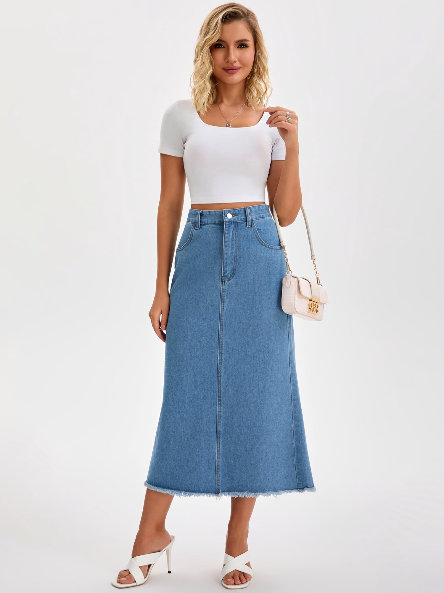 DARING DIVA Women's Denim Maxi A Line Raw Hem Jean Skirt X-Large Sky Blue