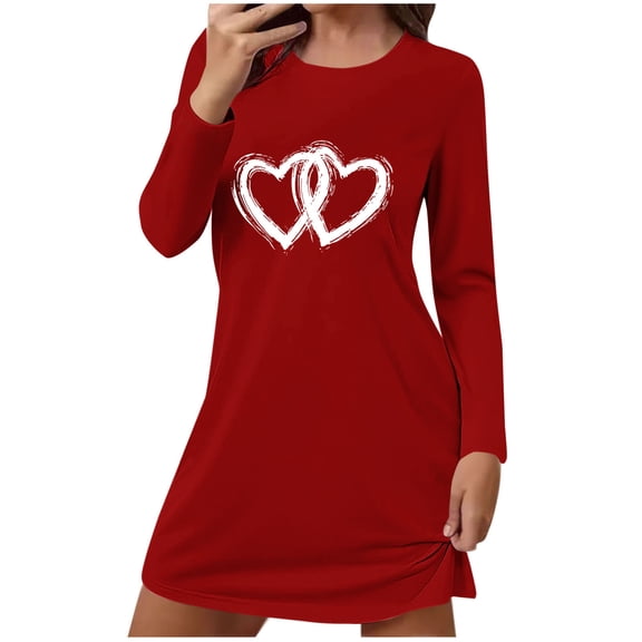 Women's Cotton T-shirt Dress Love Hearts Print Soft Pajama Sleep Short Nightgown Long Sleeve Valentines Outfits (XL, Red 01)