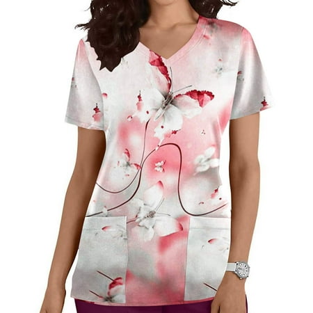 

Funicet Savings Clearance 2023! Plus Size Tops for Women Scrubs Tops Short Sleeve Working Uniform V Neck Nurse Shirts Butterfly Printed Blounce w/Pockets