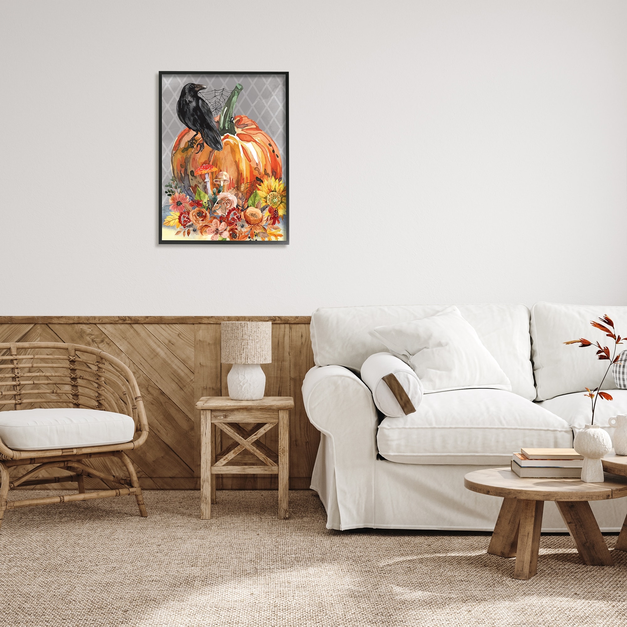 Stupell Industries Autumn Crow Pumpkin Botanicals Holiday Painting Black Framed Art Print Wall Art