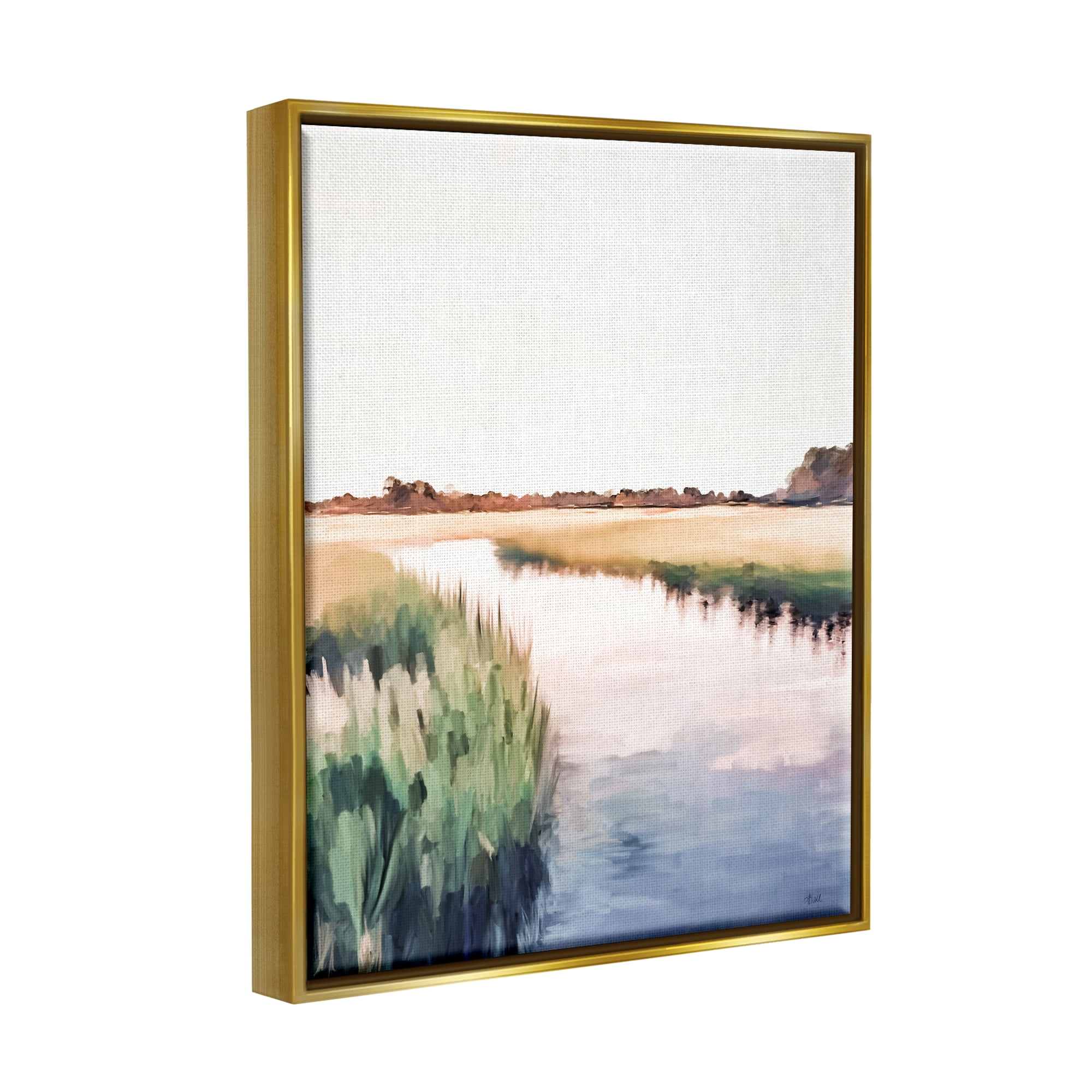 Stupell Industries Rural River Horizon Nature Painting Gold Floater Framed Art Print Wall Art, 25 x 31