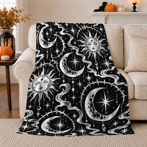 Enchanted Celestial Sun Moon Stars autumn celebration, Festive autumn celebration Scene, Warm Flannel Blanket for Living Room and Family Room, Art Lovers autumn celebration Gift, Festive Home Decor