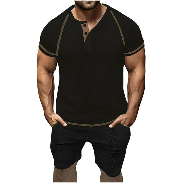 Gspmoly Chemises pour Hommes, Mode Décontractée Couleur Unie Blouses Courtes Col Rond Ensembles Chemises Hommes Haut jusqu'à 70 % de Réduction