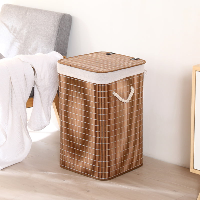 Foldable Natural Bamboo Brown Laundry Hamper Basket Lid Removable Cloth Liner 