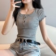 thumbnail image 5 of Hfnxid Women Y2K Short Sleeve Tshirts Button Up Crop Tshirt Tops Slim Fit Scoop Neck Henley T-Shirt Cute Blouse, 5 of 6
