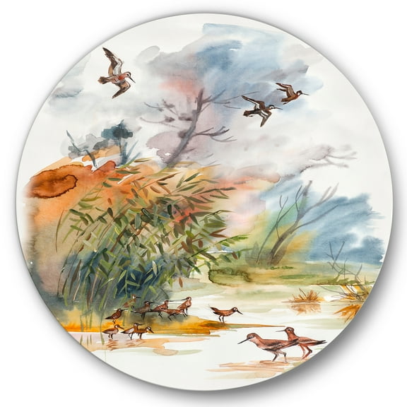 Designart 'Flying Over The Water With Autumn Landscape' Traditional Circle Metal Wall Art 36x36 - Disc of 36