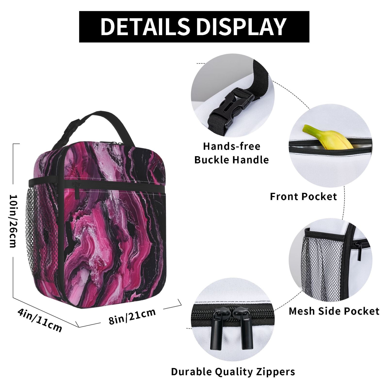 Lunch Bag For Women Men Insulated Portable Lunch Box Bento Box Office Picnic Travel Cooler Bag Darkmagenta Marble_3