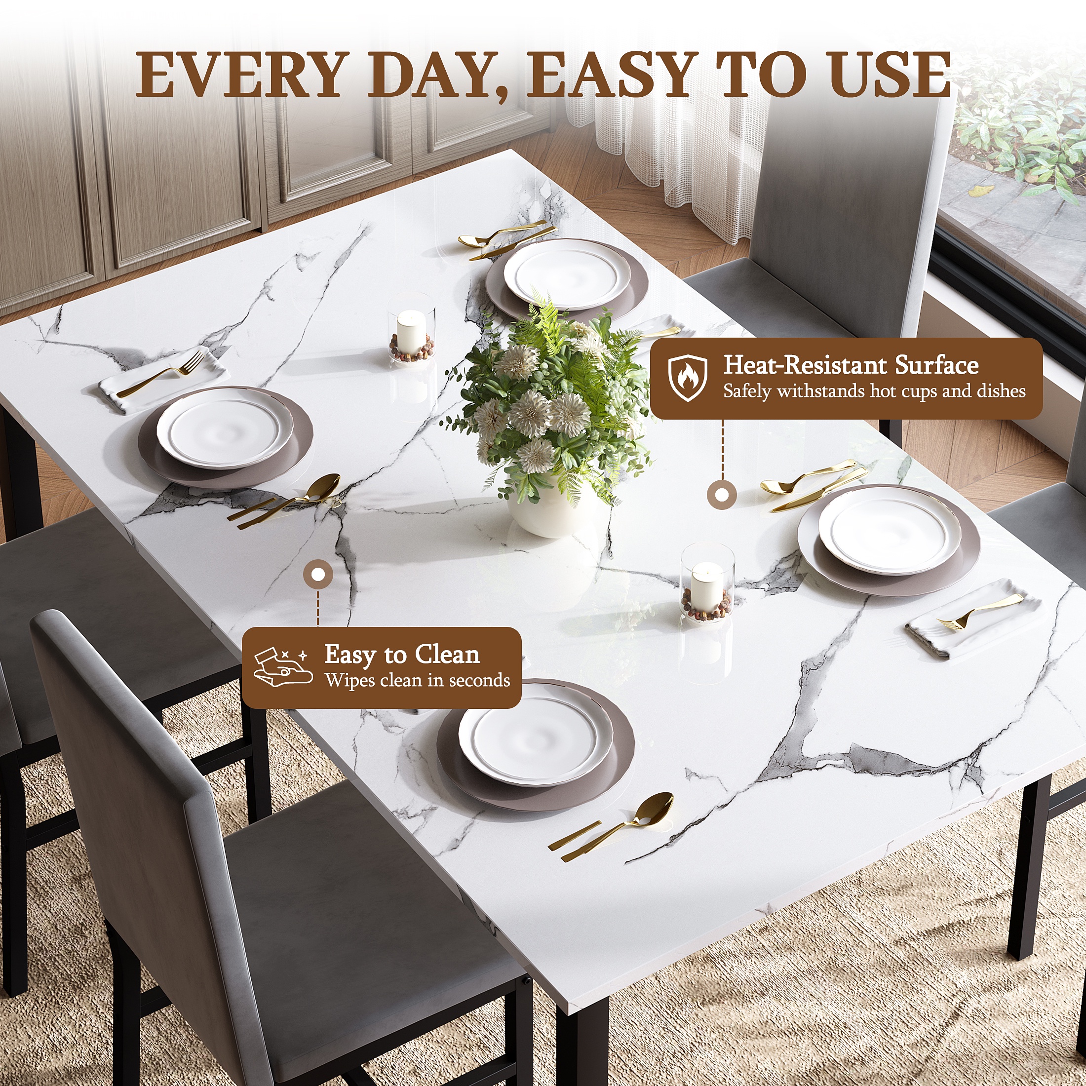 uhomepro 5-Piece Dining Table Set, Faux Marble, Gray Chairs photo 3
