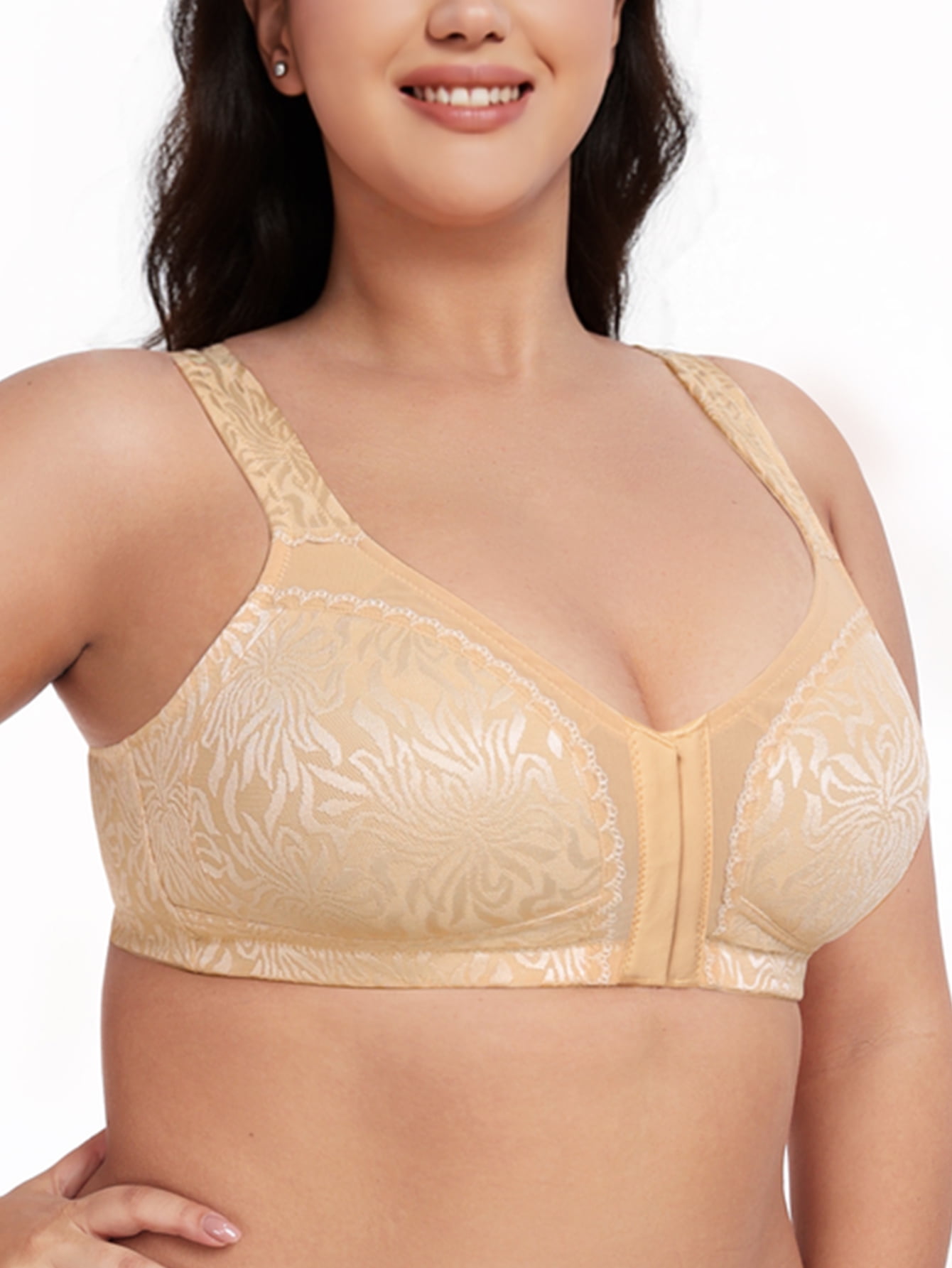 Deyllo Women Front Closure Wireless Bras Plus Size Minimizer Bras Full Coverage Non Padded Dark Beige Bras Clothes Size 38DDD