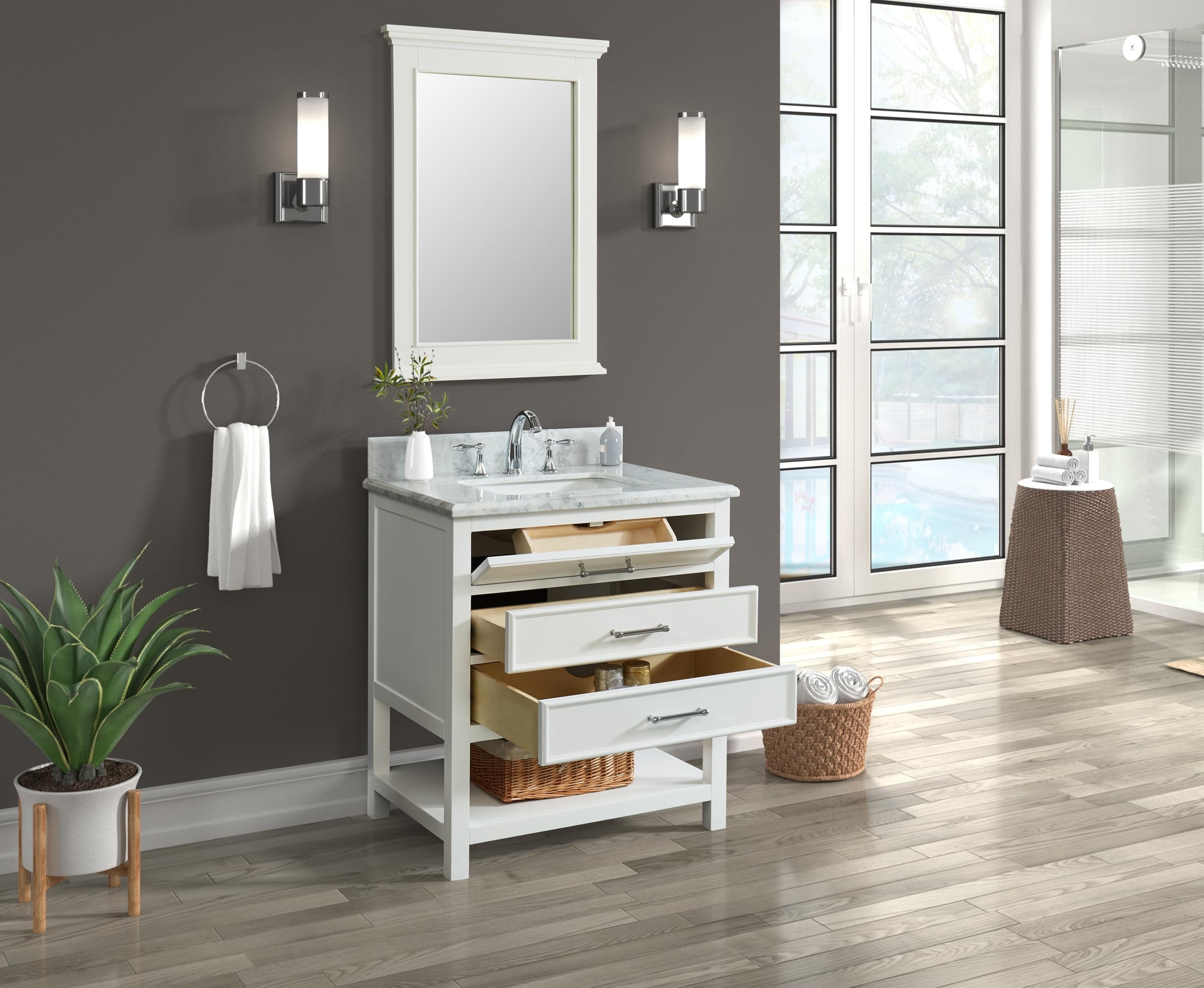 Manhattan 30" Single Bathroom Vanity, 31" W x 22" D x 34.5" H, Carrara Marble Top with Sink & Backsplash, Dove White, Solid Wood, Pre-Assembled, 3 Soft-Close Drawers, 1 Shelf