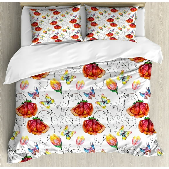 Watercolor King Size Duvet Cover Set, Doodle Drawing Style Natural Scene with Butterflies and Flowers Swirl Stripes, Decorative 3 Piece Bedding Set with 2 Pillow Shams, Multicolor, by Ambesonne