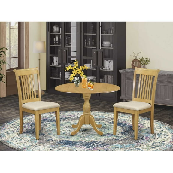 East West Furniture DMPO3-OAK-C 3 Piece Dining Table Set - Oak Wood Dining Table and 2 Oak Linen Fabric Chairs for Dining Room with Slatted back - Oak Finish