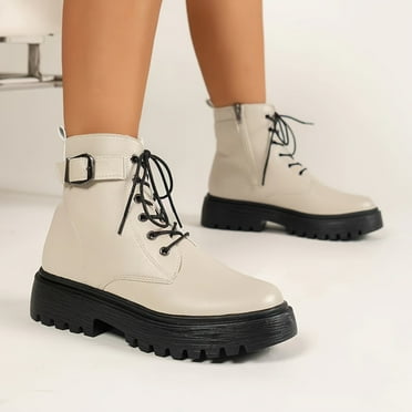 FLTHDD Women's Solid Color Trendy Boots, Side Zipper Platform Buckle Belt Boots, Comfort Round Toe Boots
