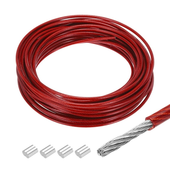 Uxcell 33Ft(10m) Wire Rope 304 Stainless Steel Cable 1/8"(3mm) Vinyl Coated with 4Pcs Aluminum Sleeves Red