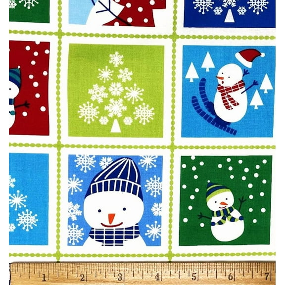 1 Fat Quarter - Colorful Snowman Block Cotton Fabric - 21" X 18"